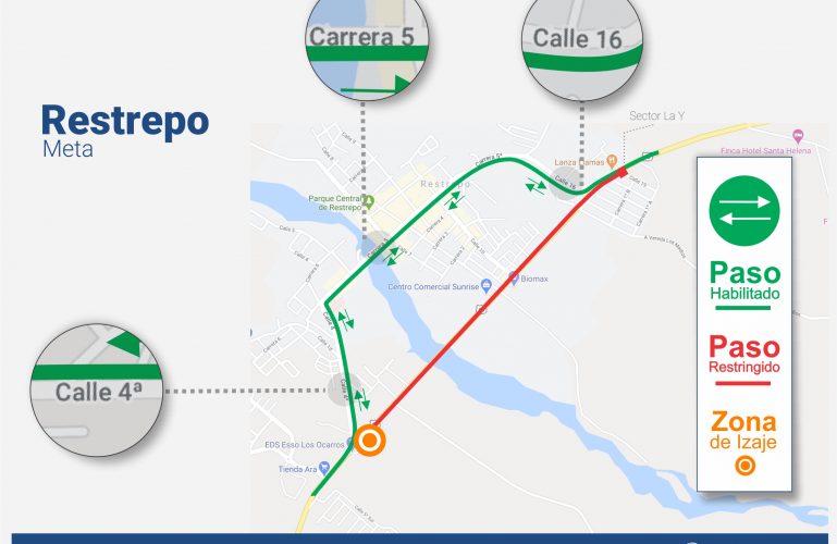 Cierre nocturno para izaje de vigas en intersección de ingreso a Restrepo